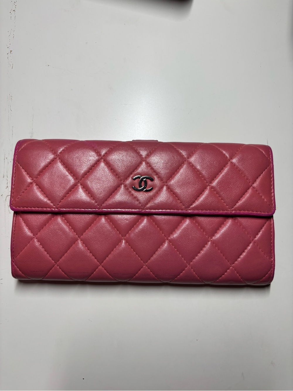 CHANEL Pink Quilted Leather Flap Wallet with Silver CC